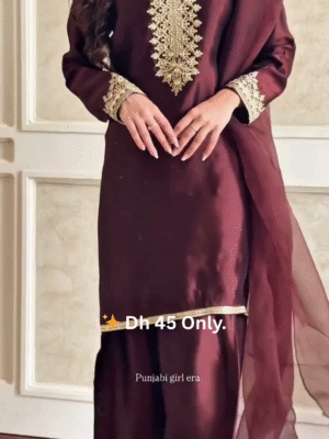 👑 Maroon Silk Suit with Golden Embroidery – Dh 45 Only