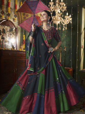 Multi Color Thread Mirror Embellished Maslin Cotton Lehenga Set